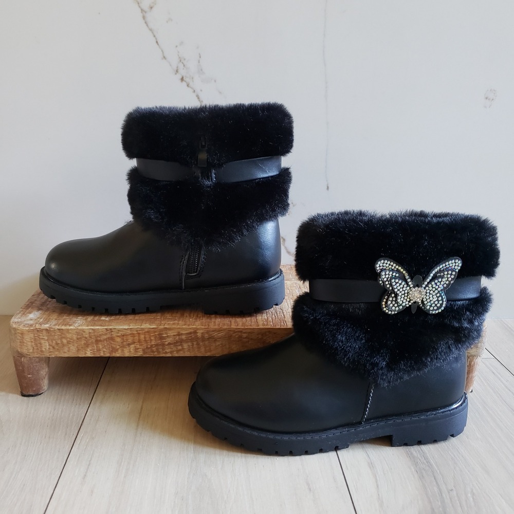 Bellaoia Boots Girls 1 Black Butterfly Faux Fur Ankle Rhinestone Lug‎ Sole
